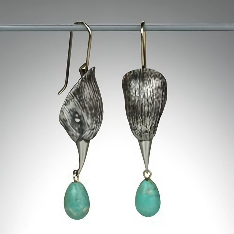 BOUCLES D'OREILLES VINTAGE ARGENT TON GÉOMÉTRIQUE IRRÉGULIER FORME TURQUOISE GOUTTE