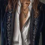 Giacca Longline Vintage Ricamata per Donne in Blu Navy