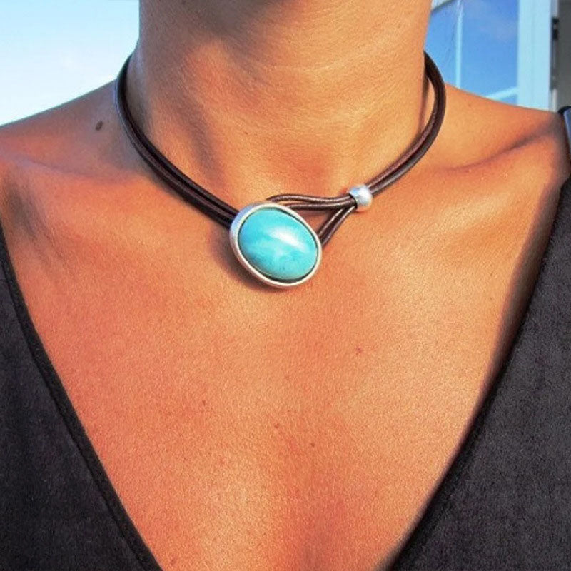 COLLIER VINTAGE CUIR CORDON TURQUOISE