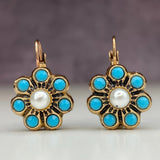 Vintage Style Turquoise And Pearls Flower Earrings