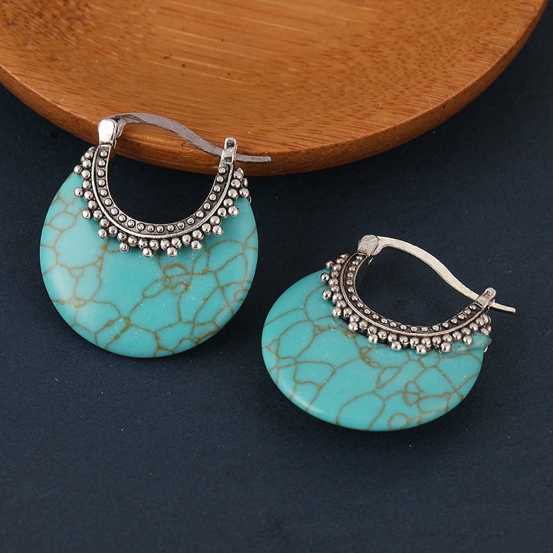 BOUCLES D'OREILLES TURQUOISE CROISSANT ARGENT PLAQUÉ CRÉOLE