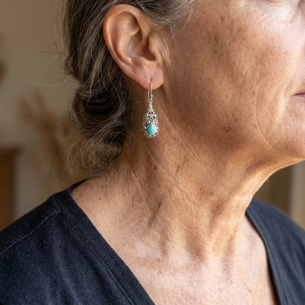 BOUCLES D'OREILLES VINTAGE GOUTTE TURQUOISE ARGENT PLAQUÉ GOUTTE