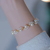 Classic Pearl Beaded Cat Paw Gold Plated Adjustable Bracelet
