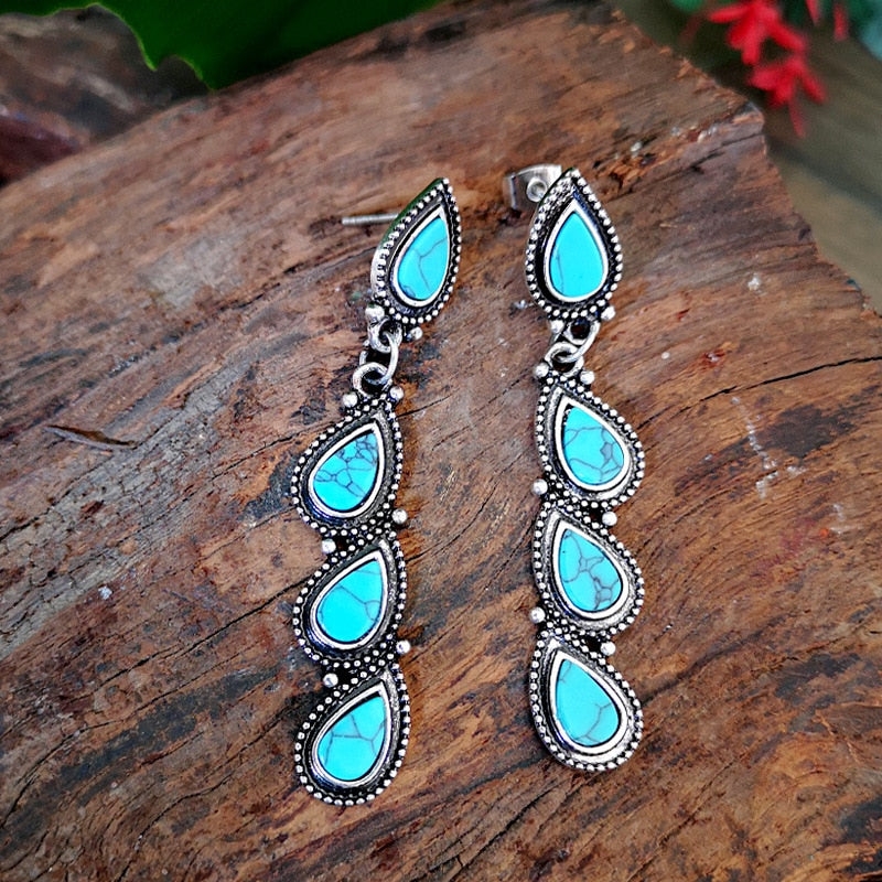 BOUCLES D'OREILLES VINTAGE TURQUOISE FEUILLE GOUTTE