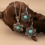 Vintage Boho Turquoise Flower Earrings Necklace Jewelry Set