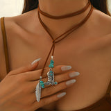 Vintage Bohemian Turquoise Feather Pendant Layered Necklace