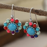 BOUCLES D'OREILLES COLORÉ TURQUOISEETCORAIL FLORAL PENDENTIF