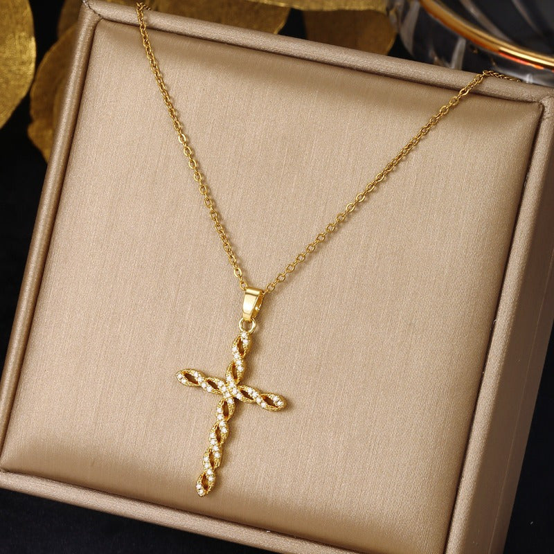 Collier Cristal Torsadé Croix | Or