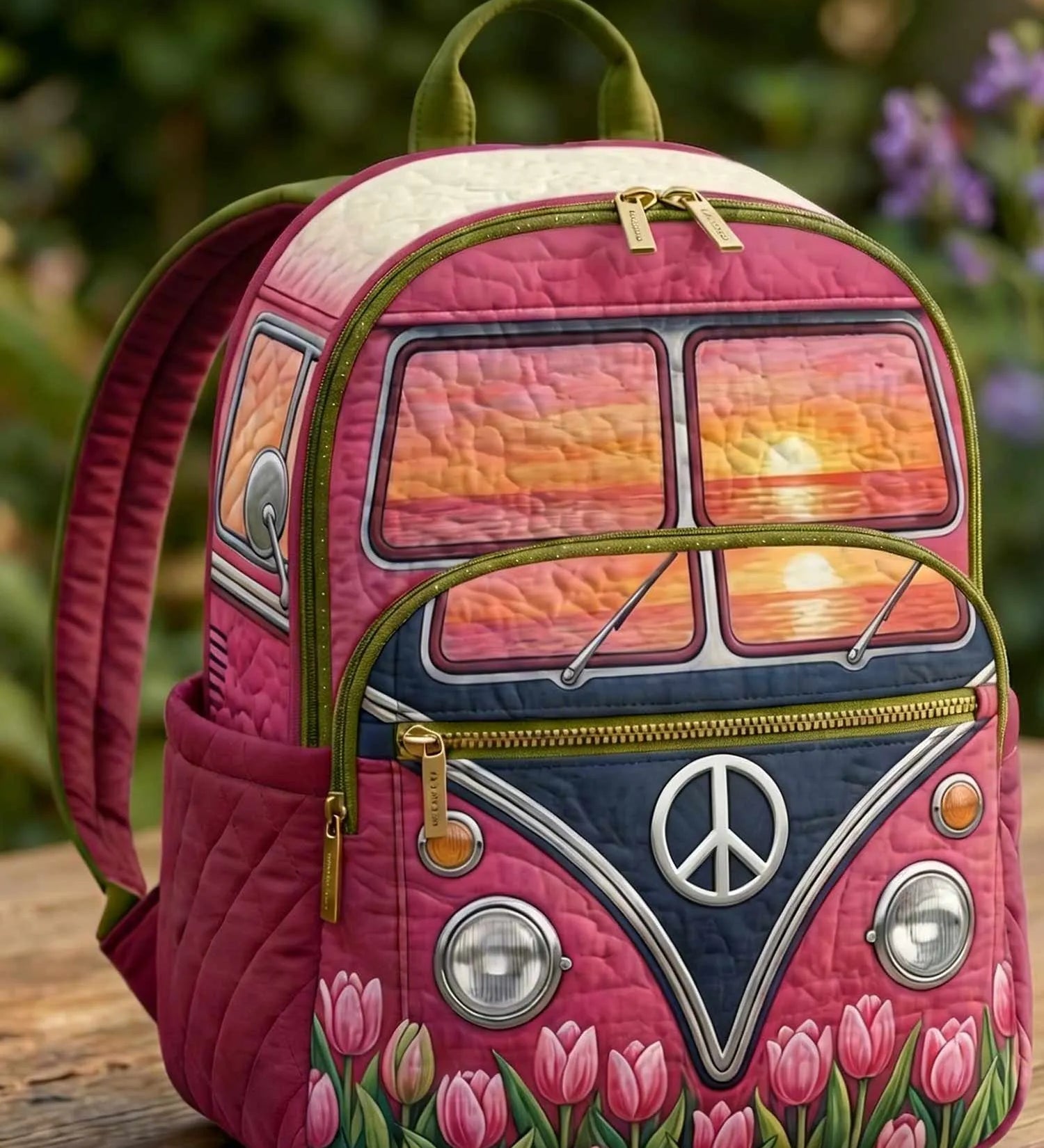 Peace Sign Hippie Van Tulip Quilted Backpack