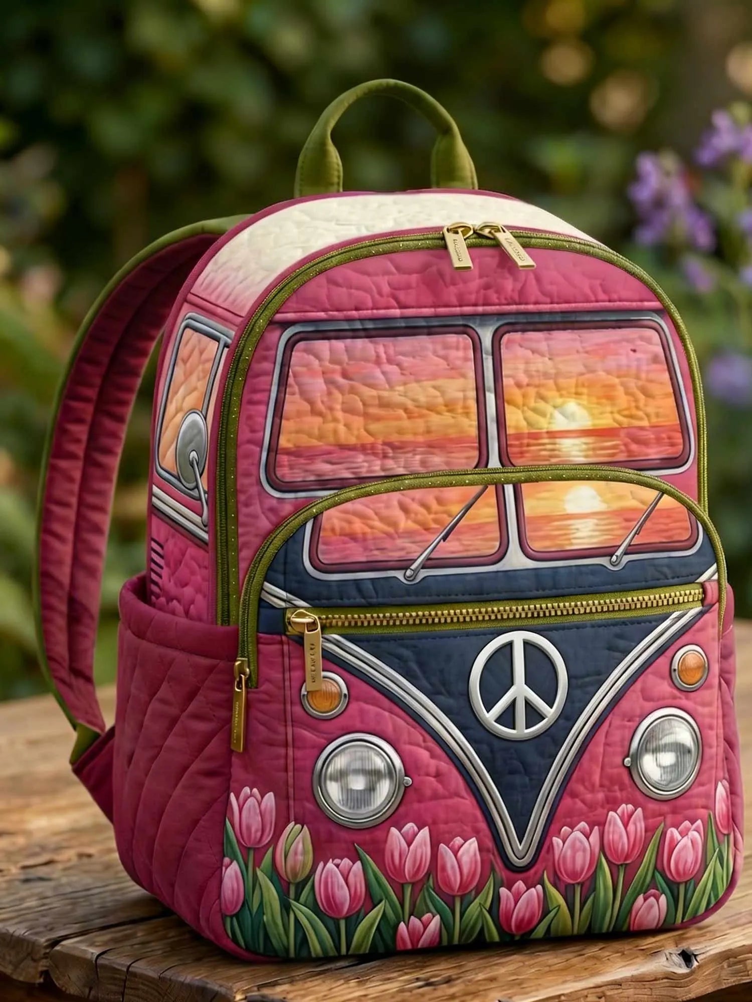 Peace Sign Hippie Van Tulip Quilted Backpack