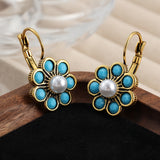 Vintage Style Turquoise And Pearls Flower Earrings