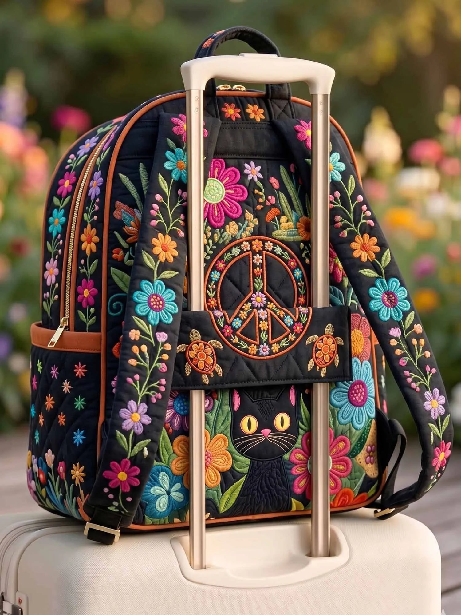 Floral Black Cat Quilted Backpack