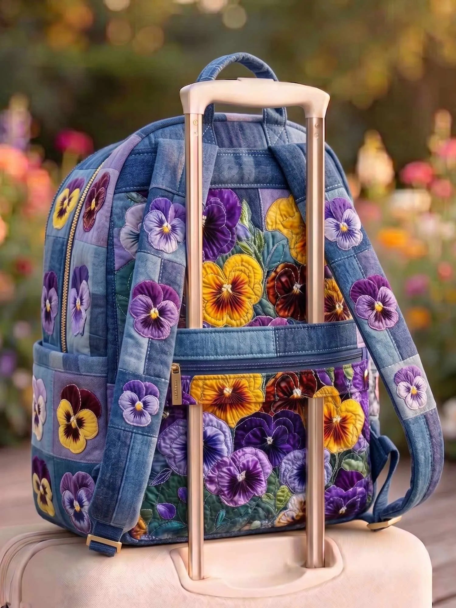Denim Pansy Quilted Backpack