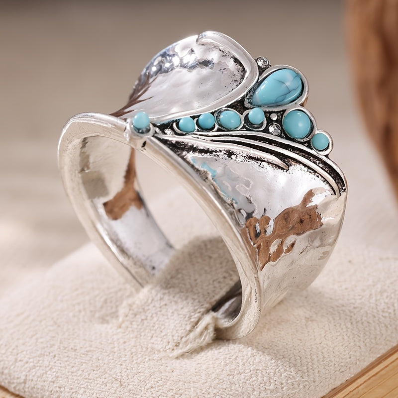 BAGUE NL/MODIEUZE BREDE GEZICHT INCRUSTÉ SYNTHÉTIQUE TURQUOISE BAGUE FEMMES AVEC VINTAGE EN MINIMALISTE DESIGN BOHÈME POLYVALENT