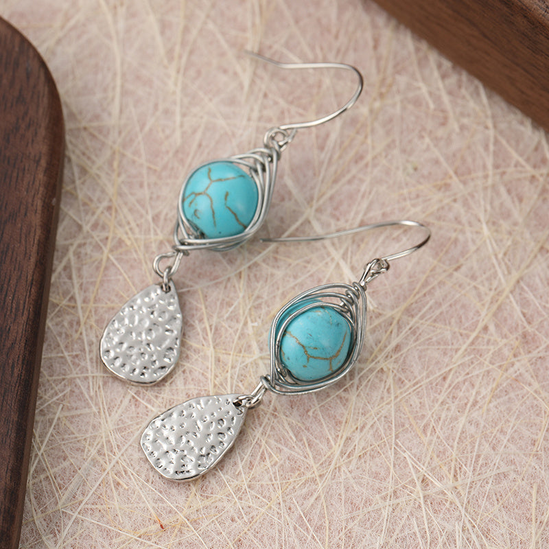 BOUCLES D'OREILLES ÉLÉGANT RÉTRO FIL ENROULÉ TURQUOISE MÉTAL PENDENTIF