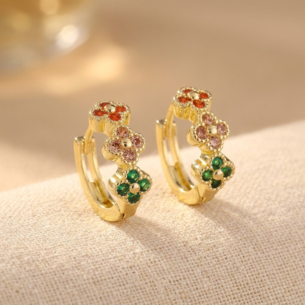 BOUCLES D'OREILLES TURQUOISE ZIRCONE CUBIQUE FLEUR CRÉOLE
