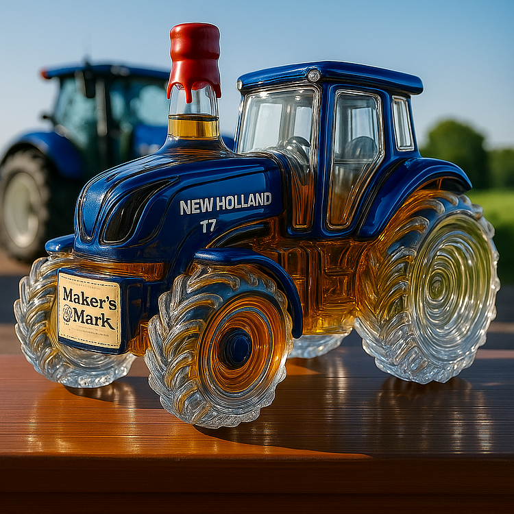 Classic Whiskey bottle in the shape of a New Holland T7 tractor