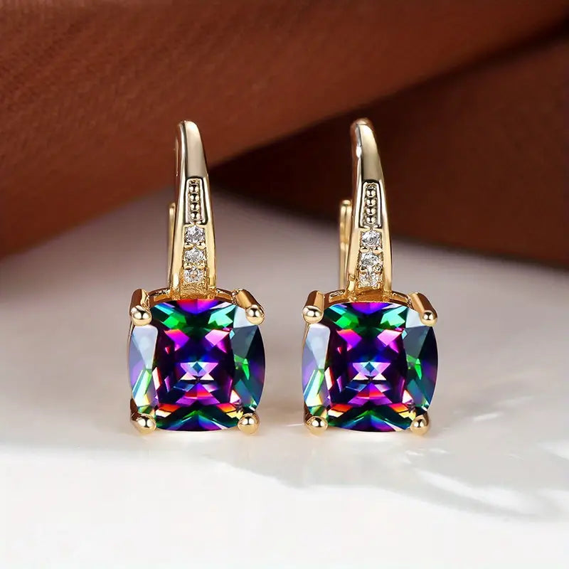 Mystic Sapphire Stone Hoop Earrings - Gold