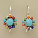 BOUCLES D'OREILLES COLORÉ TURQUOISEETCORAIL FLORAL PENDENTIF
