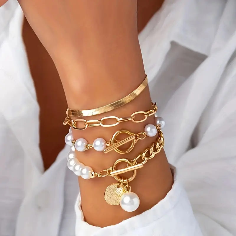 Ensemble Chic Or 4-Pièce Bracelet - Serpent, Perles & Maillons | Or