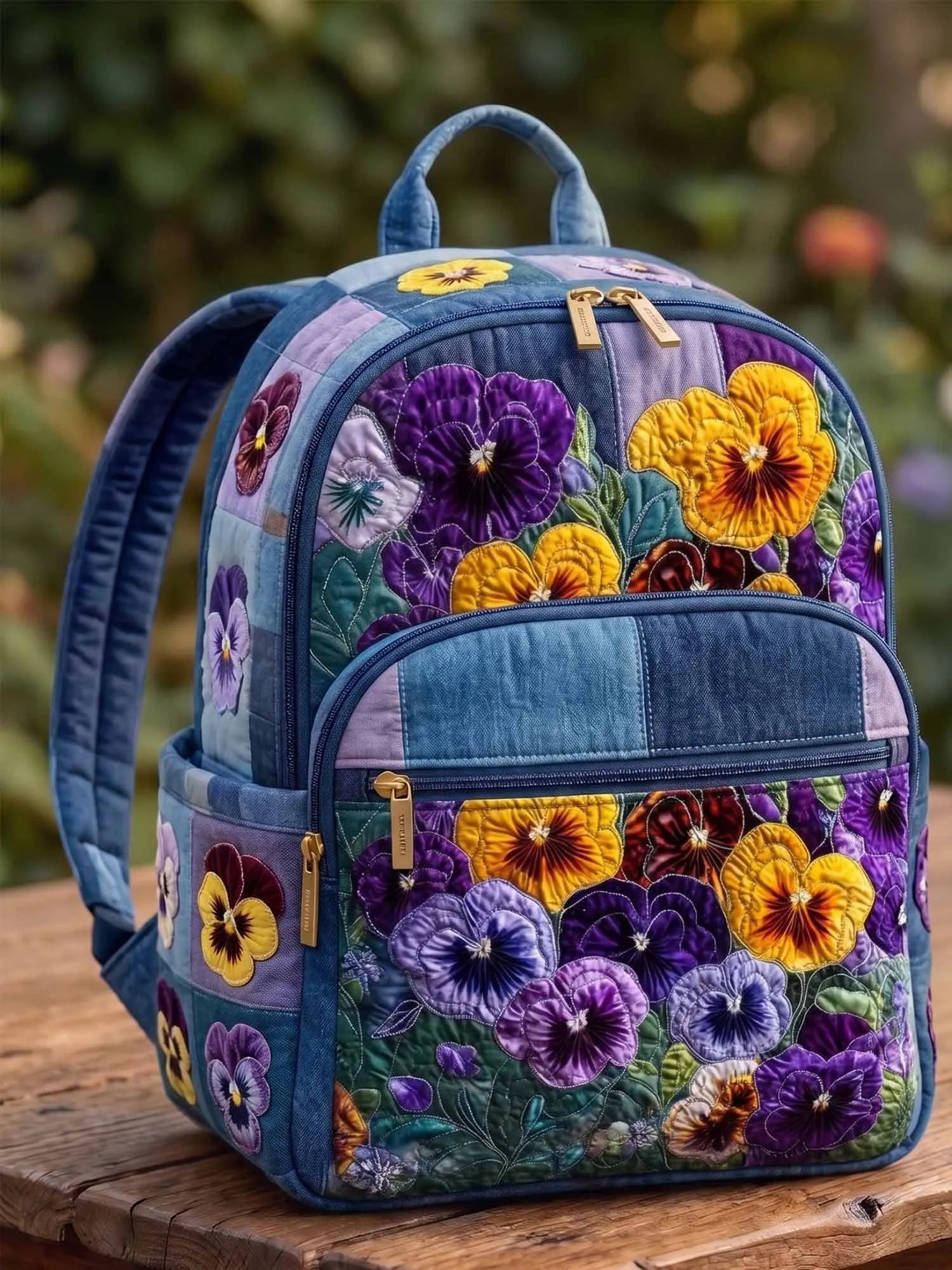 Denim Pansy Quilted Backpack