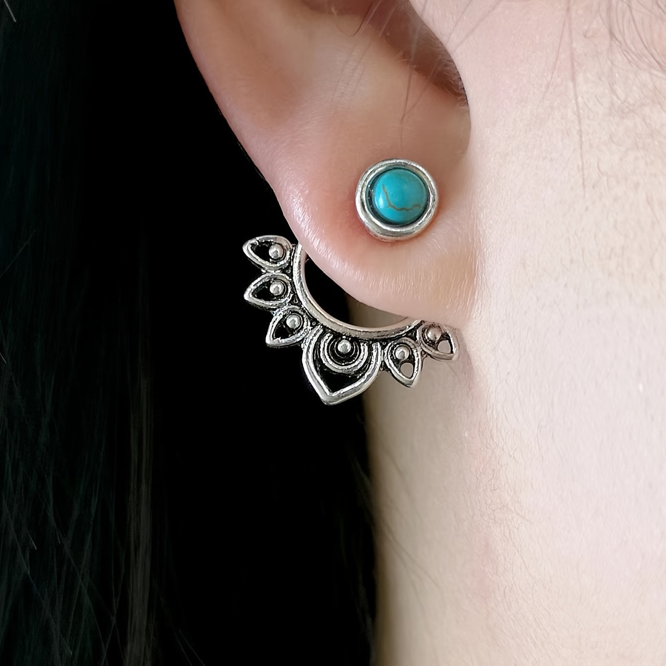 BOUCLES D'OREILLES TURQUOISE MANDALA ARGENT PLAQUÉ CLOU D'OREILLE
