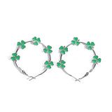 Vintage Bohemian Silver Plated Green Floral Hoop Earrings