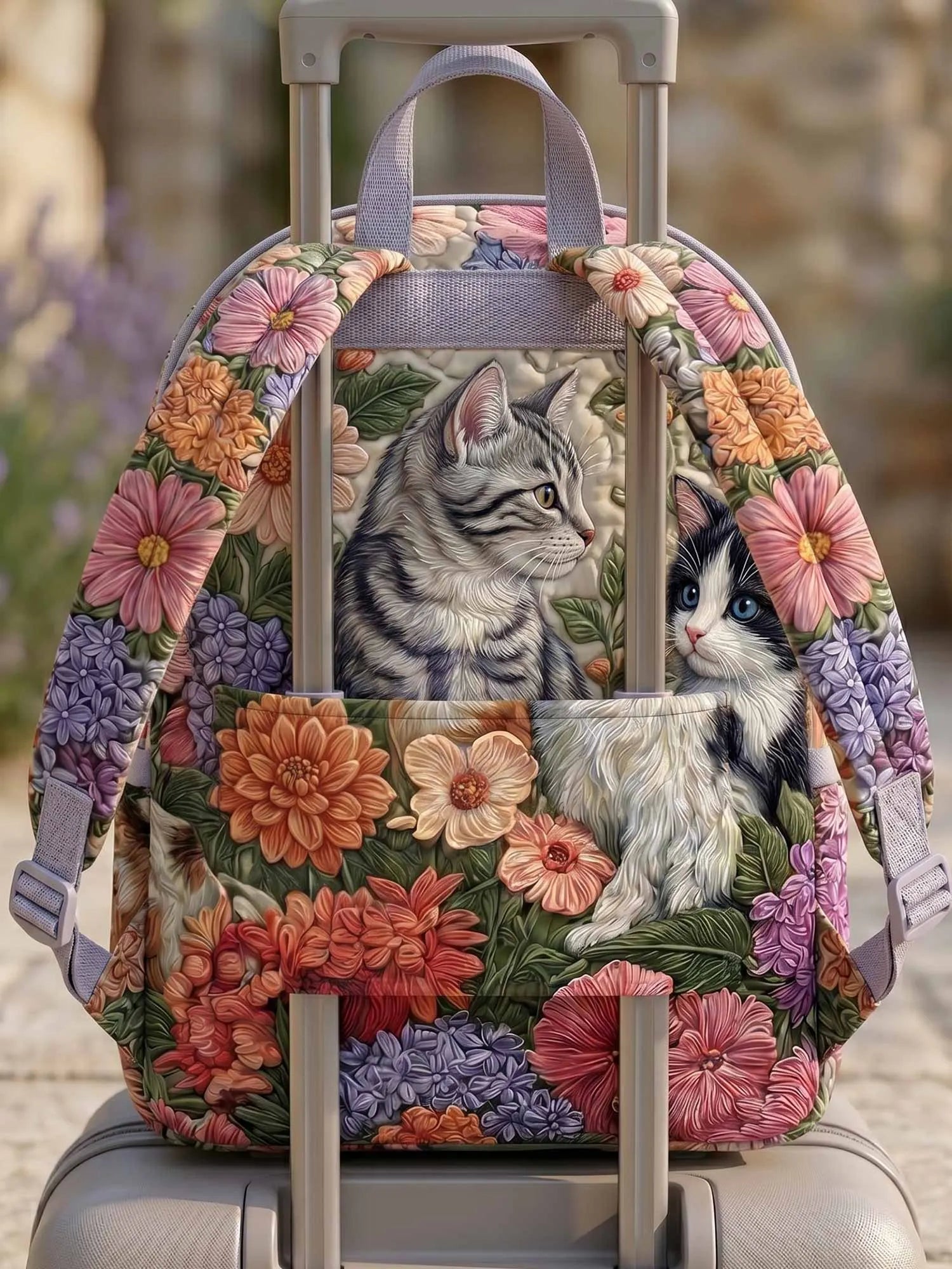 Floral Kitten Garden Quilted Backpack