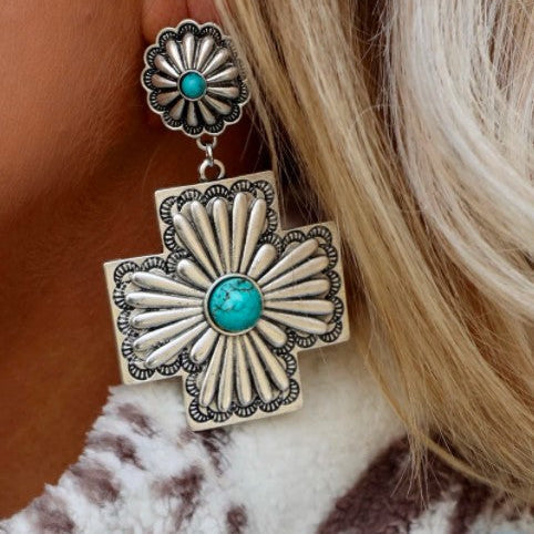 BOUCLES D'OREILLES RÉTRO FLORAL DESIGN TURQUOISE CROIX SCULPTÉ MÉTAL