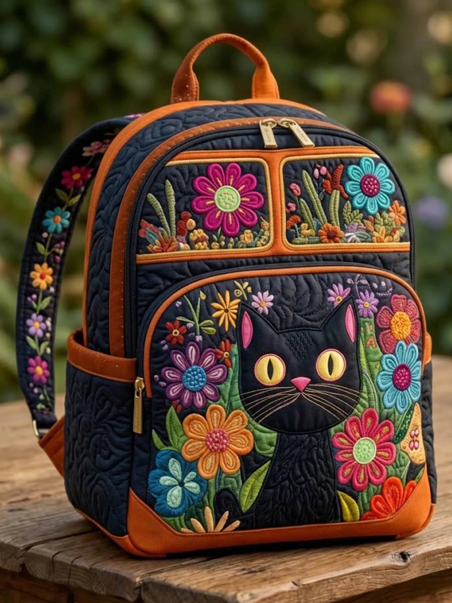 Floral Black Cat Quilted Backpack