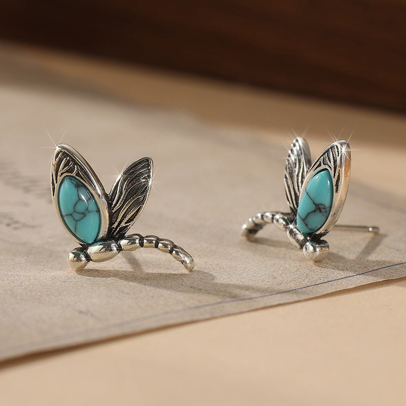 BOUCLES D'OREILLES VINTAGE TURQUOISE LIBELLULE ARGENT PLAQUÉ CLOU D'OREILLE