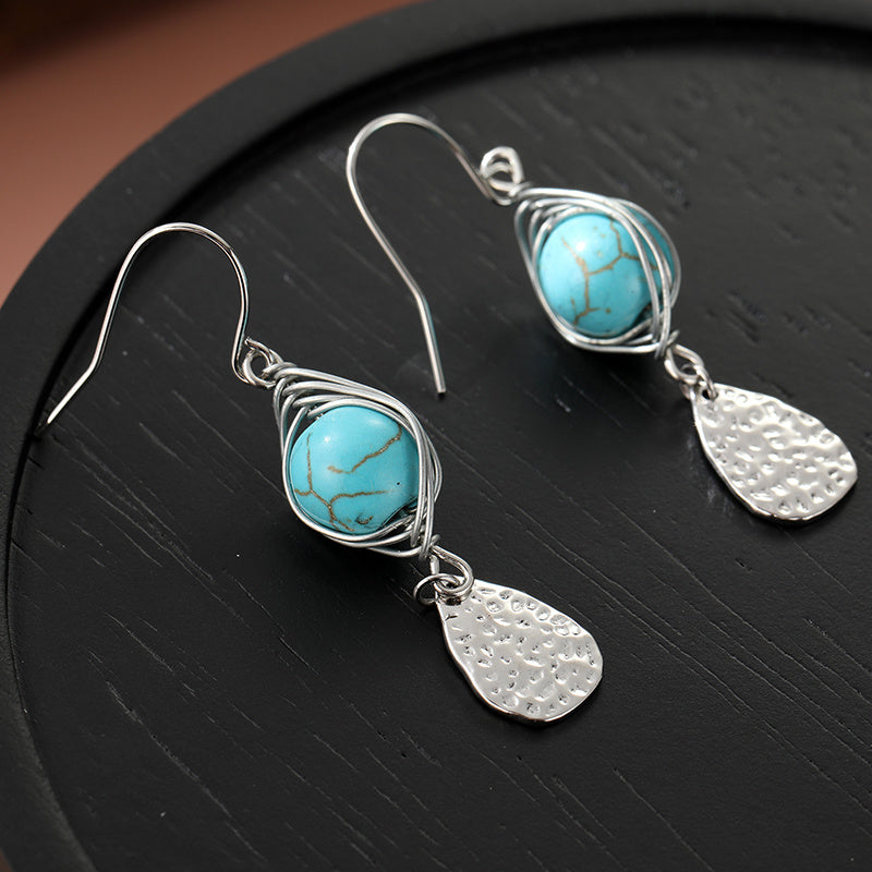 BOUCLES D'OREILLES ÉLÉGANT RÉTRO FIL ENROULÉ TURQUOISE MÉTAL PENDENTIF