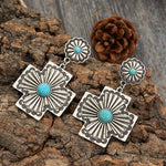 BOUCLES D'OREILLES RÉTRO FLORAL DESIGN TURQUOISE CROIX SCULPTÉ MÉTAL