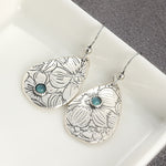 BOUCLES D'OREILLES RÉTRO SCULPTÉ FLEURS GOUTTE FORME TURQUOISE PIERRE PRÉCIEUSE CROCHET