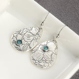 BOUCLES D'OREILLES RÉTRO SCULPTÉ FLEURS GOUTTE FORME TURQUOISE PIERRE PRÉCIEUSE CROCHET