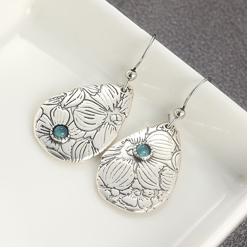 BOUCLES D'OREILLES RÉTRO SCULPTÉ FLEURS GOUTTE FORME TURQUOISE PIERRE PRÉCIEUSE CROCHET