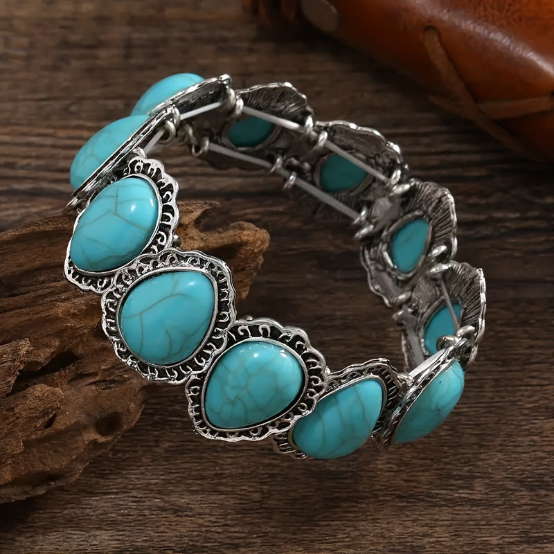 BRACELET VINTAGE TURQUOISE OVALE ARGENT PLAQUÉ IMPOSANT