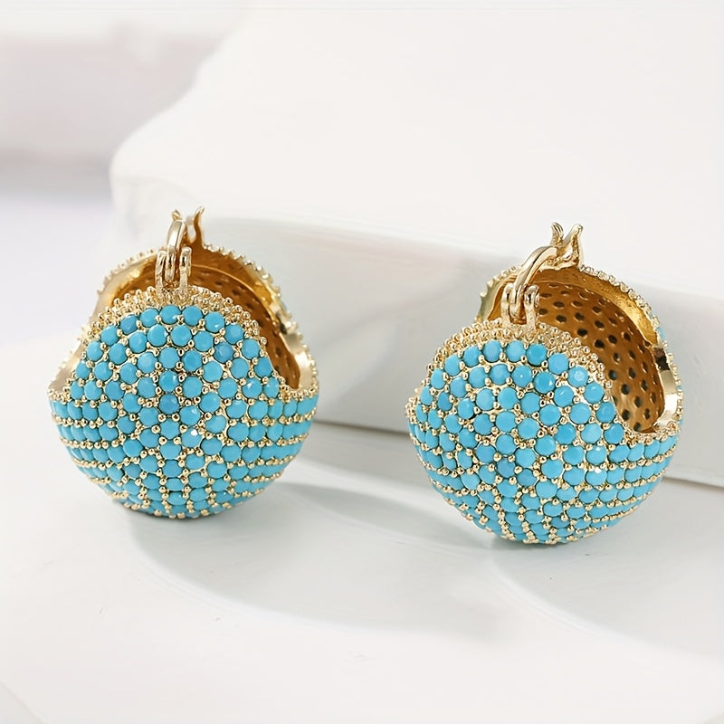 BOUCLES D'OREILLES CLASSIQUE RÉTRO OR TURQUOISE BOMBÉ CRÉOLE