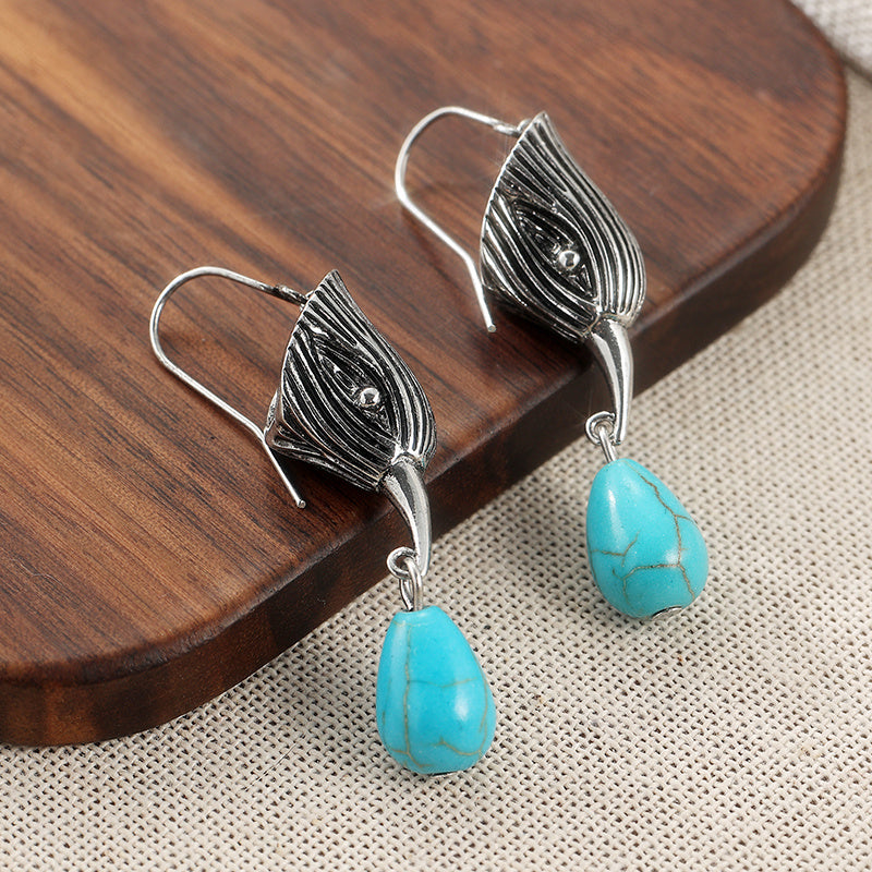 BOUCLES D'OREILLES VINTAGE ARGENT TON GÉOMÉTRIQUE IRRÉGULIER FORME TURQUOISE GOUTTE