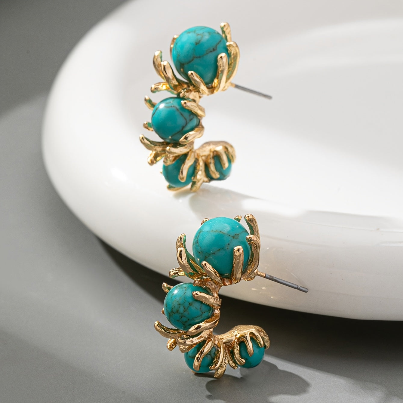 BOUCLES D'OREILLES CLASSIQUE OR TURQUOISE PLAQUÉ TRIPLE PIERRE PENDENTIF