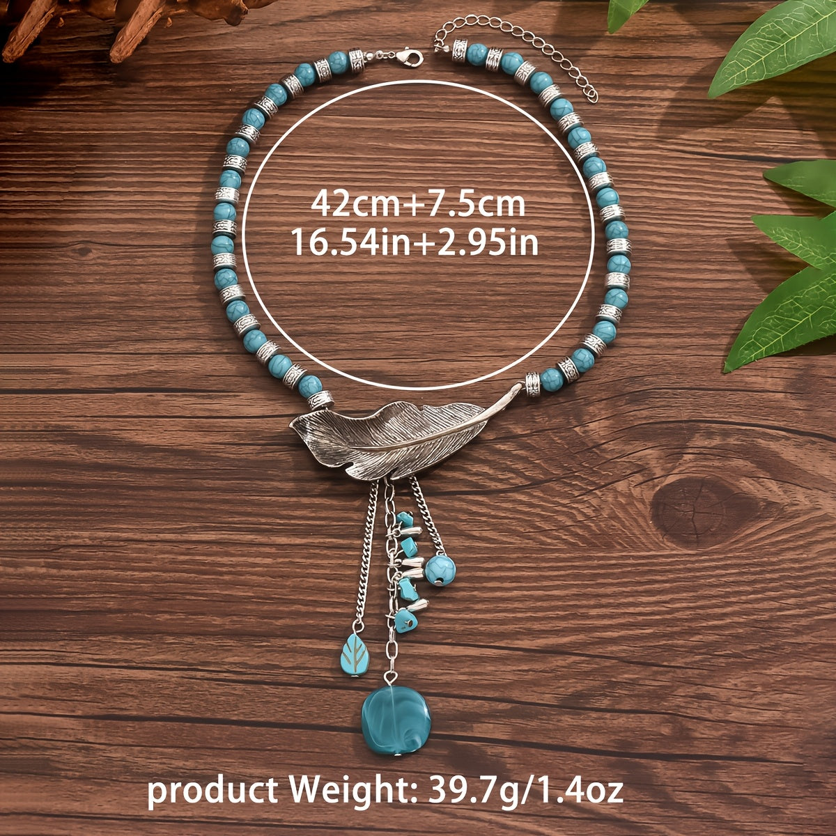 COLLIER VINTAGE BOHÈME TURQUOISE PERLES FEUILLE PENDENTIF