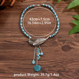 COLLIER VINTAGE BOHÈME TURQUOISE PERLES FEUILLE PENDENTIF