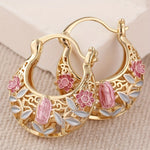 Vintage Boho Pink Floral Gold Plated Hoop Earrings