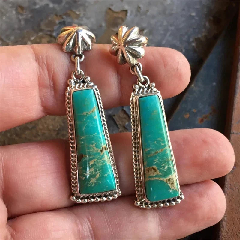 BOUCLES D'OREILLES ARGENT COULEUR GÉOMÉTRIE TURQUOISE RECTANGLE GOUTTE