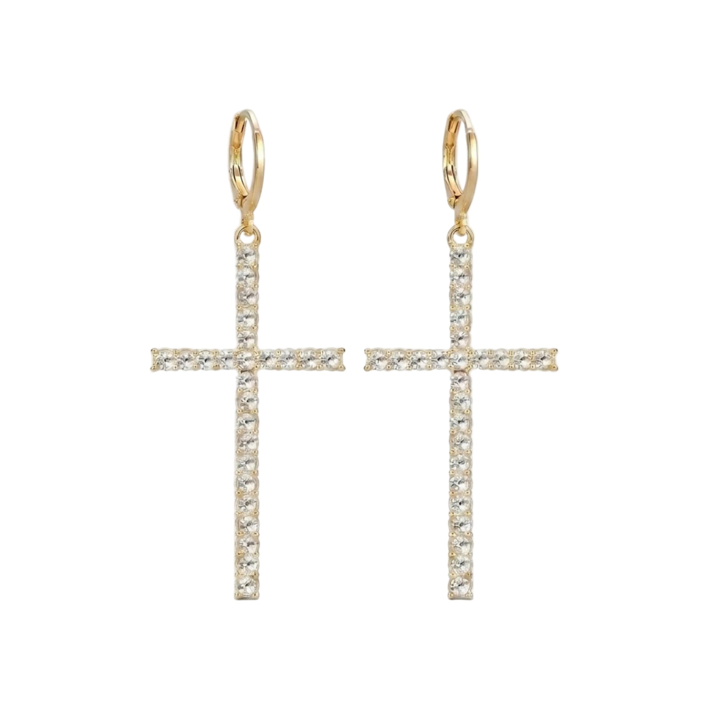 BOUCLES PENDANTES CRÉOLE CHARM CROIX GRANDE PAVÉ | OR