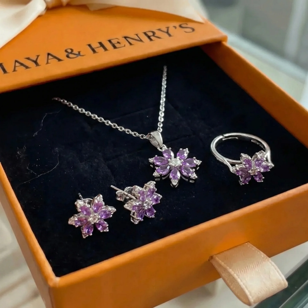 Ensemble Améthyste Fleur Épanouie Bijoux | Or Blanc