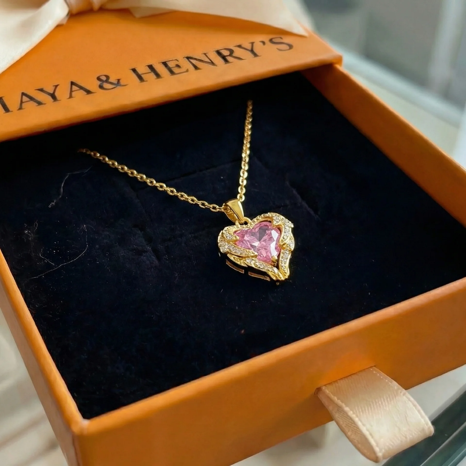 Collier Ange Étreinte Rose Cœur | Or