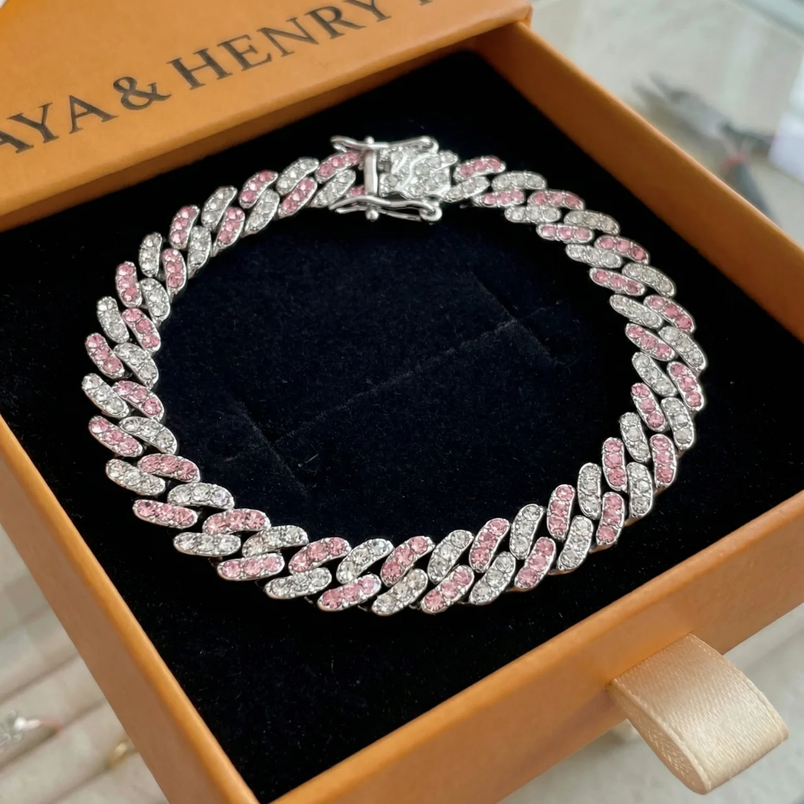 Bracelet Arctic Rose Poudré Maille Cubaine | Or Blanc