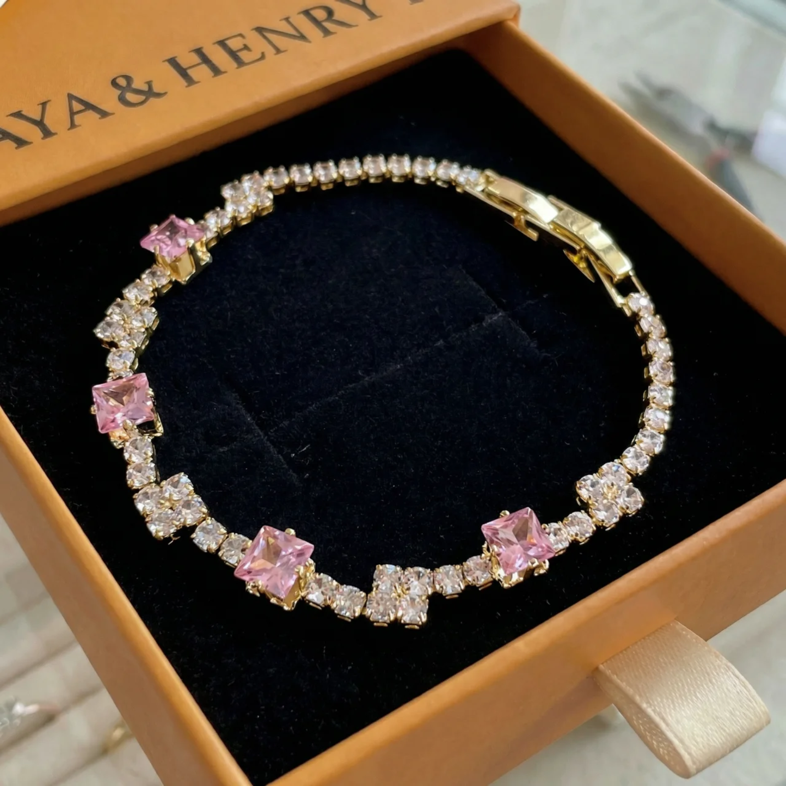 Bracelet Rose Poudré Carrés Tennis | Or
