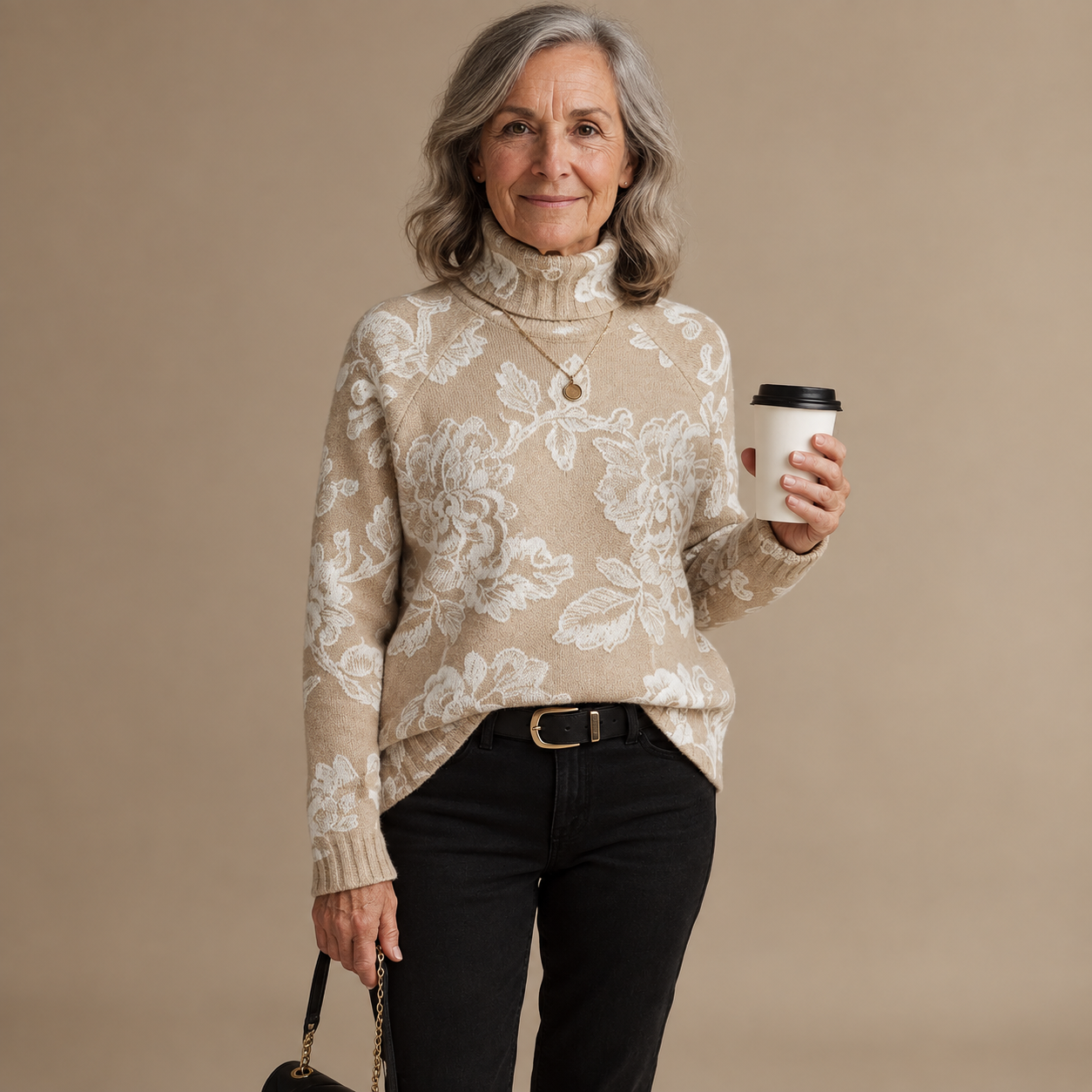 BELLA | PULL COL ROULÉ TRICOTÉ FLEURI VINTAGE